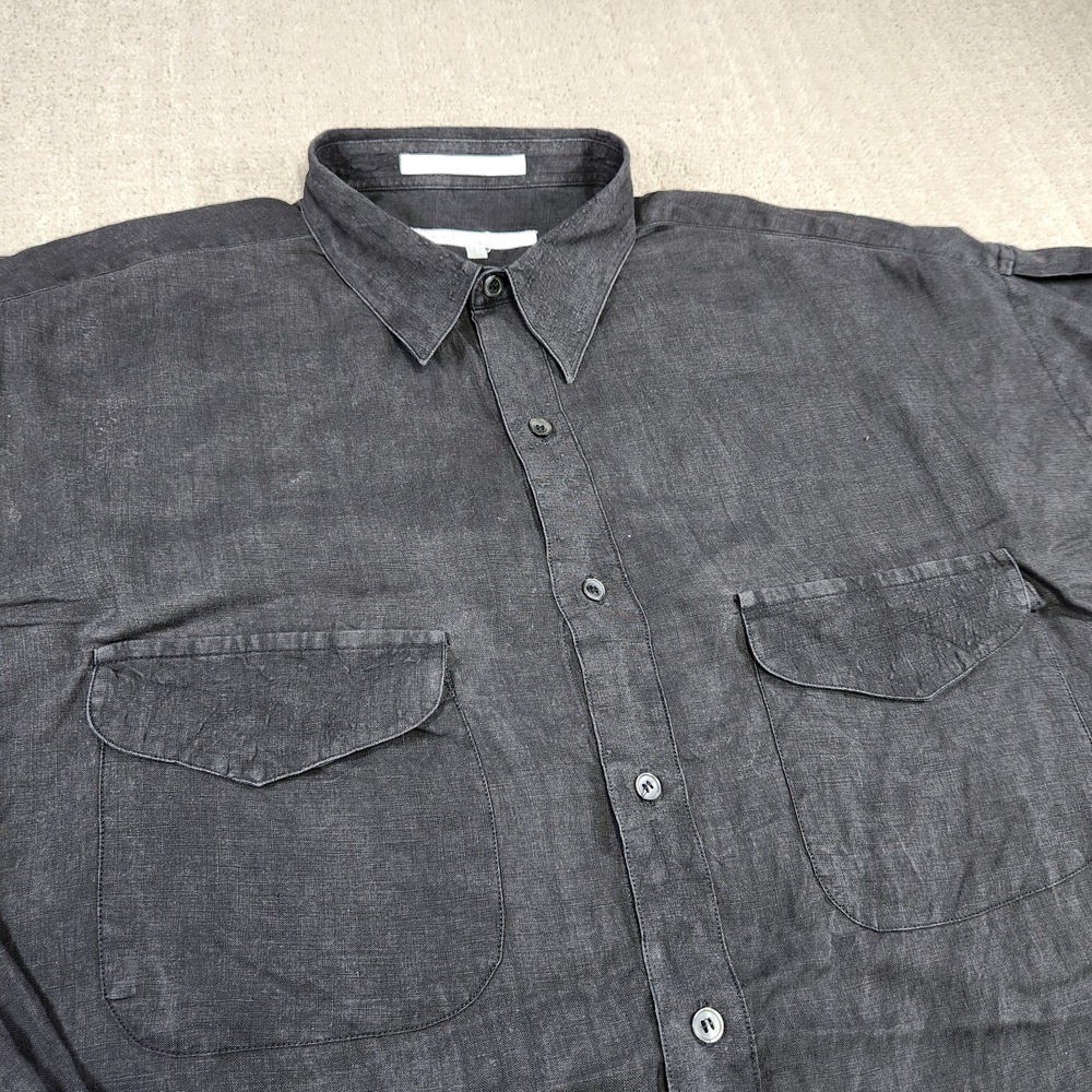 Vintage Safari Style Linen Shirt Men XL Perry Ellis Black Button Up Work Pocket